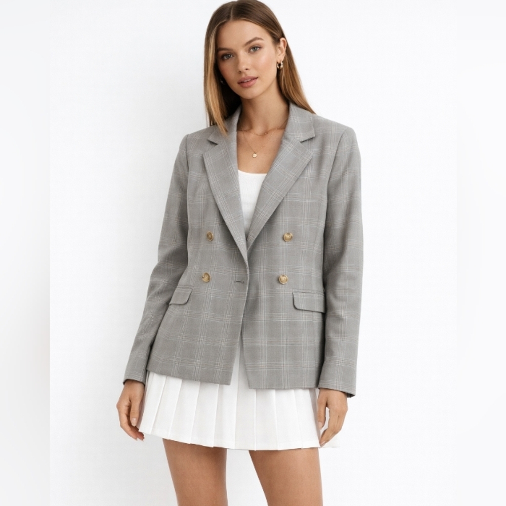 Sans Souci Plaid Double Breasted Blazer Gray Small